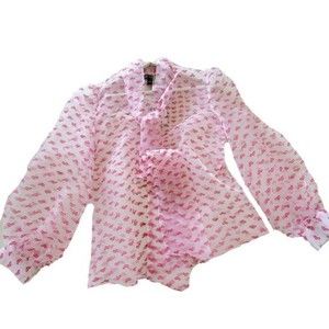 Valentine Tie Neck Sheer Top Woven Velvet Pink Kiss Lips Spring Blouse